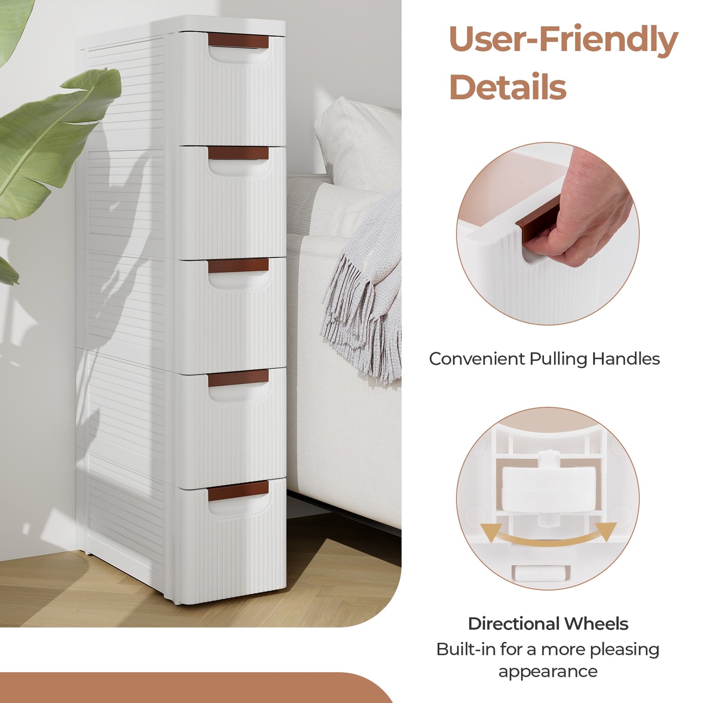 3/4/5/6-Drawer Rolling Organizer Unit Narrow Storage Cabinet with Built-In Wheels for Small Space-5-Drawer