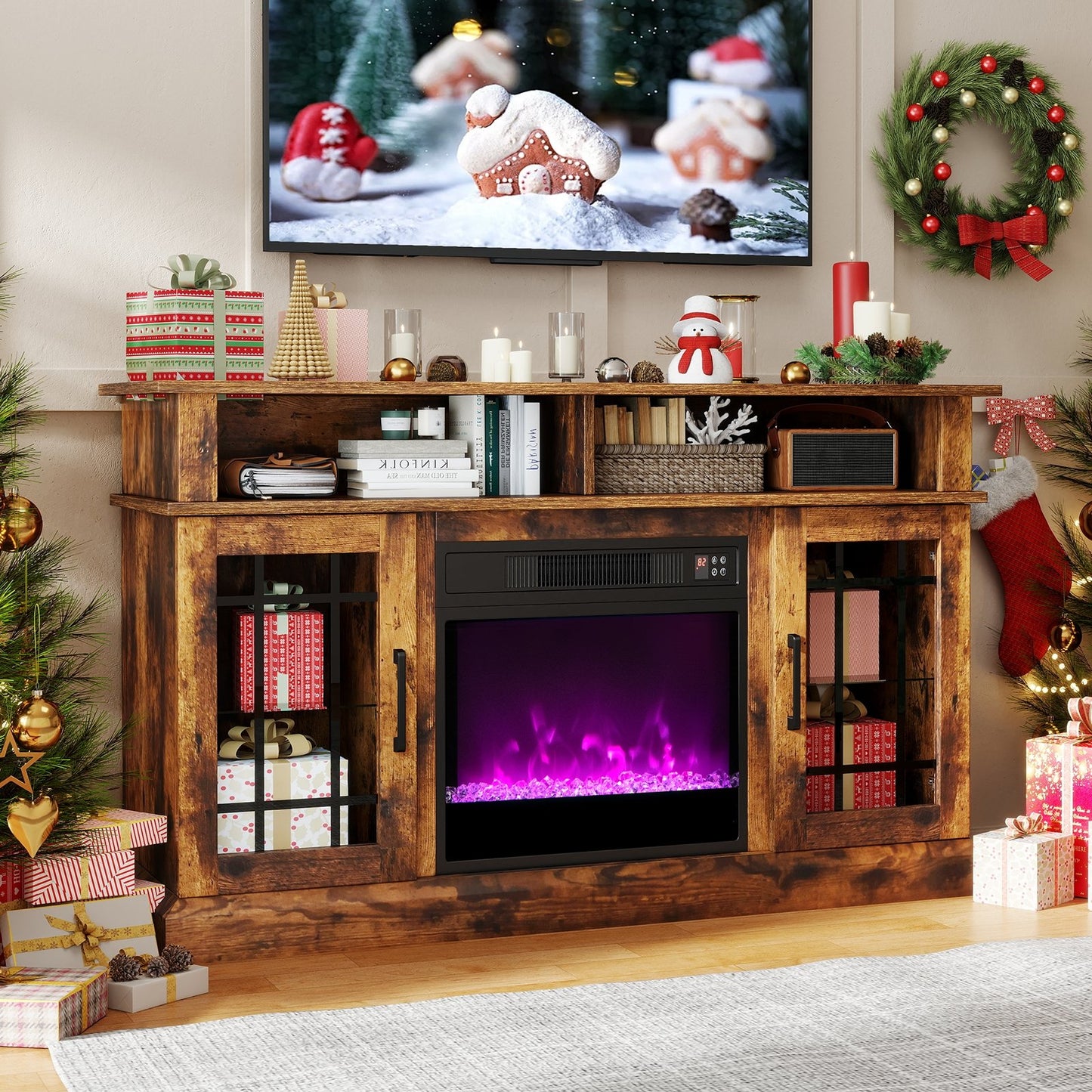 TV Stand with Electric Fireplace LED Lights and Remote Controls for TVs Up to 40 Inch-Black