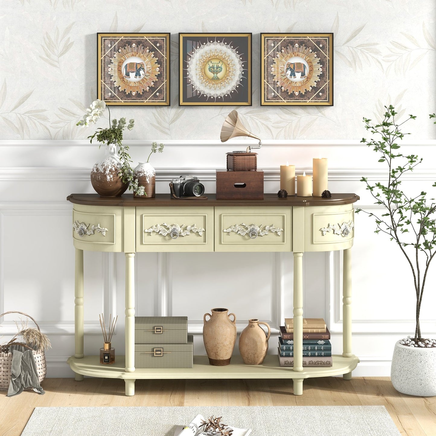 Retro Curved Console Table with Drawers and Solid Wood Legs-Beige