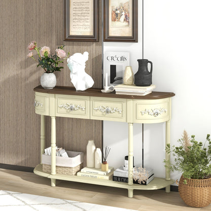 Retro Curved Console Table with Drawers and Solid Wood Legs-Beige