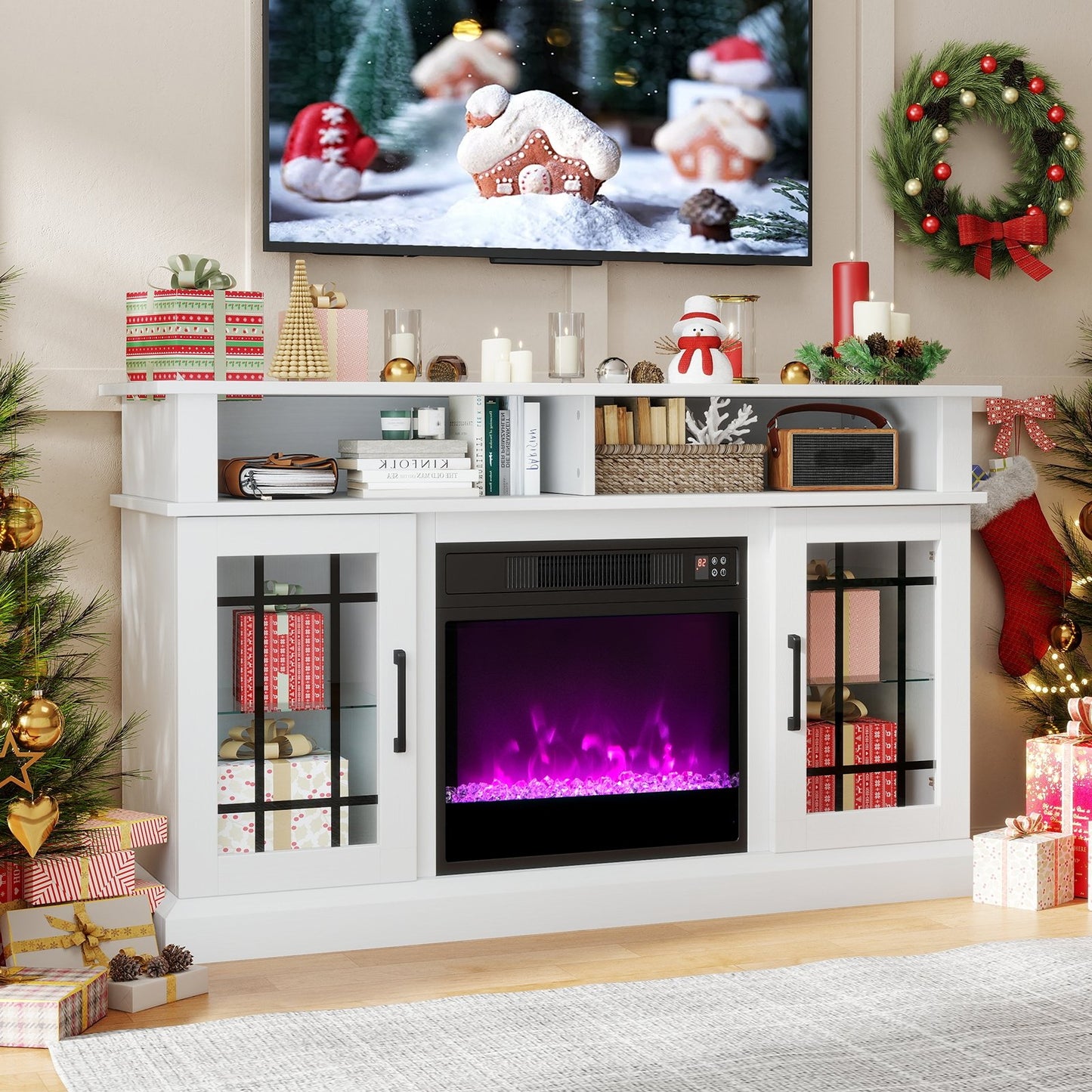 TV Stand with Electric Fireplace LED Lights and Remote Controls for TVs Up to 40 Inch-Black