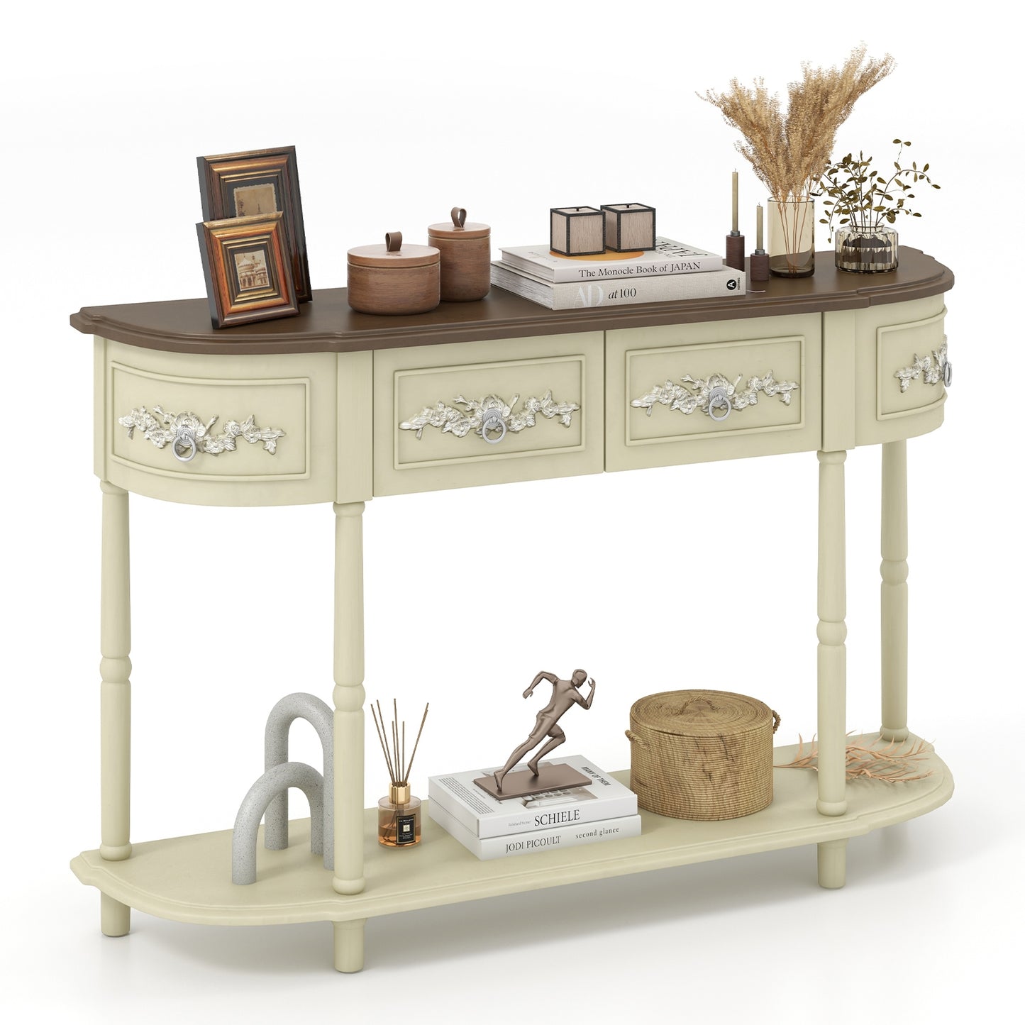 Retro Curved Console Table with Drawers and Solid Wood Legs-Beige