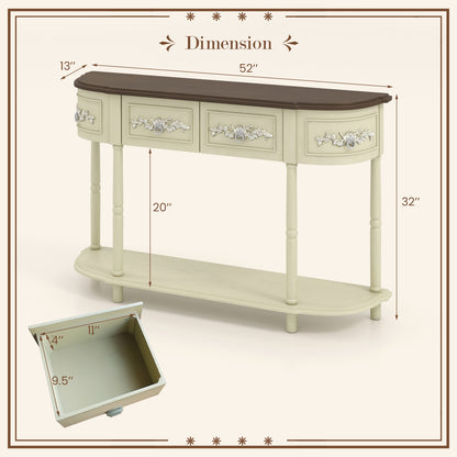 Retro Curved Console Table with Drawers and Solid Wood Legs-Beige