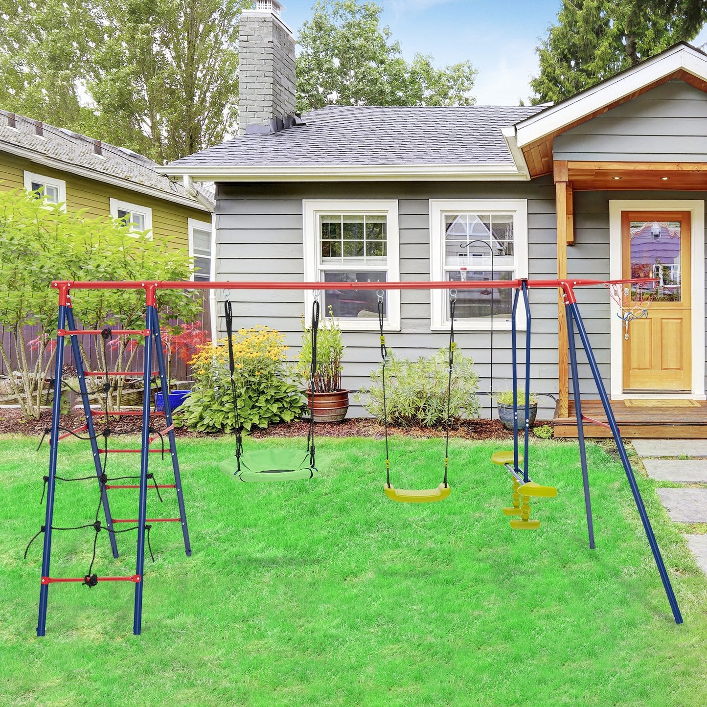 550 LBS 6-in-1 Patio Kids Swing Set with Climbing Net and Ladder-Green