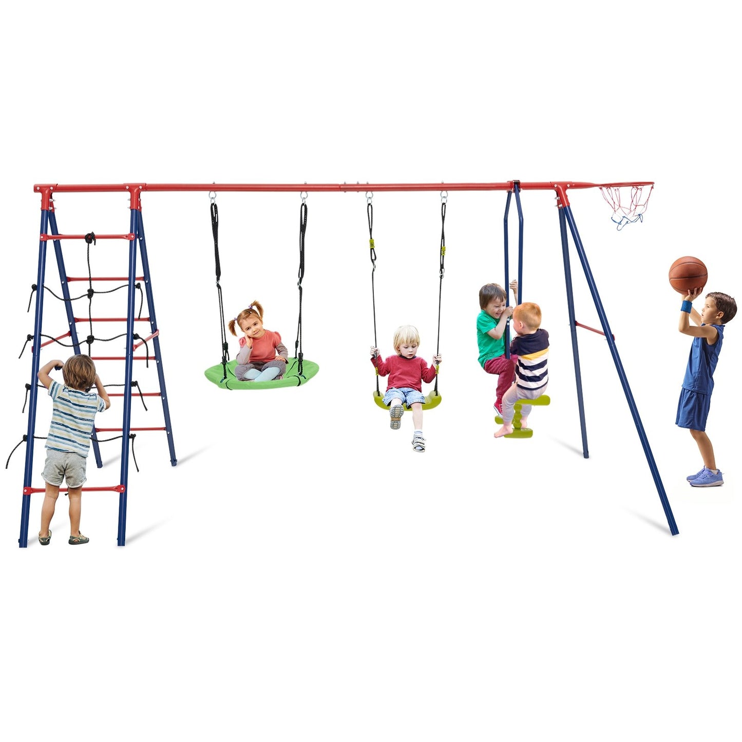 550 LBS 6-in-1 Patio Kids Swing Set with Climbing Net and Ladder-Green