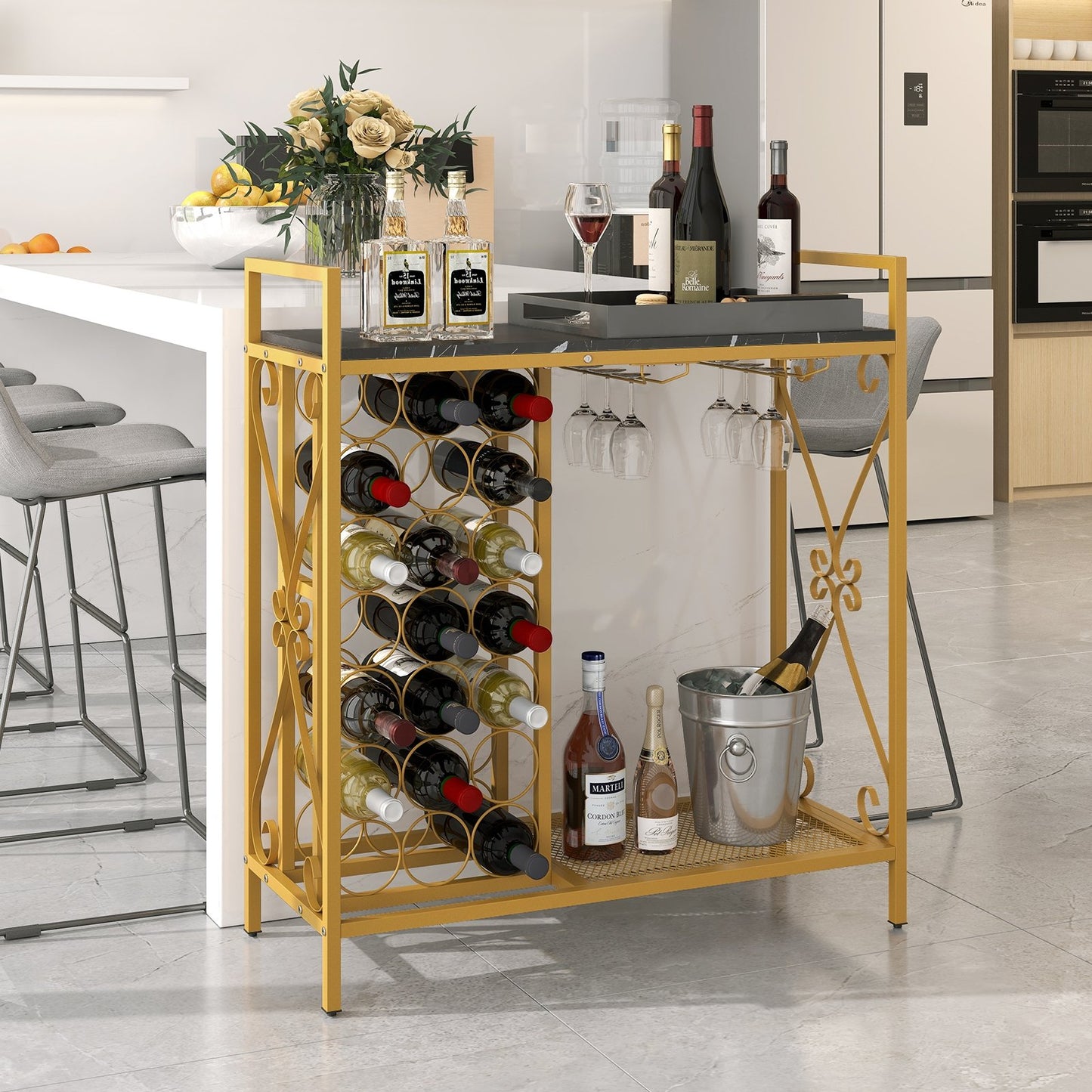21 Bottle Wine Rack Freestanding Floor Wine Bottle Organizer with Glass Holder-Golden