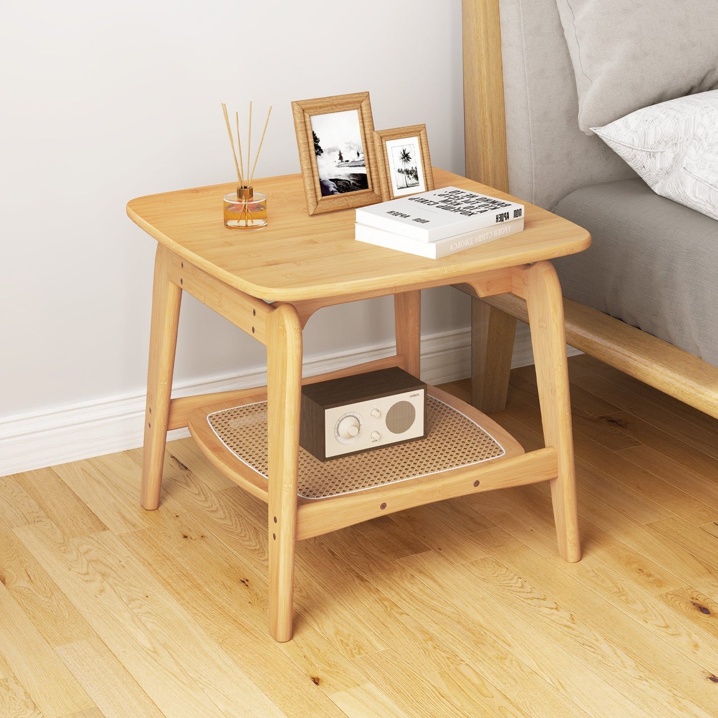 Boho Bamboo Sofa Side Table with Faux Rattan Storage Shelf-Natural