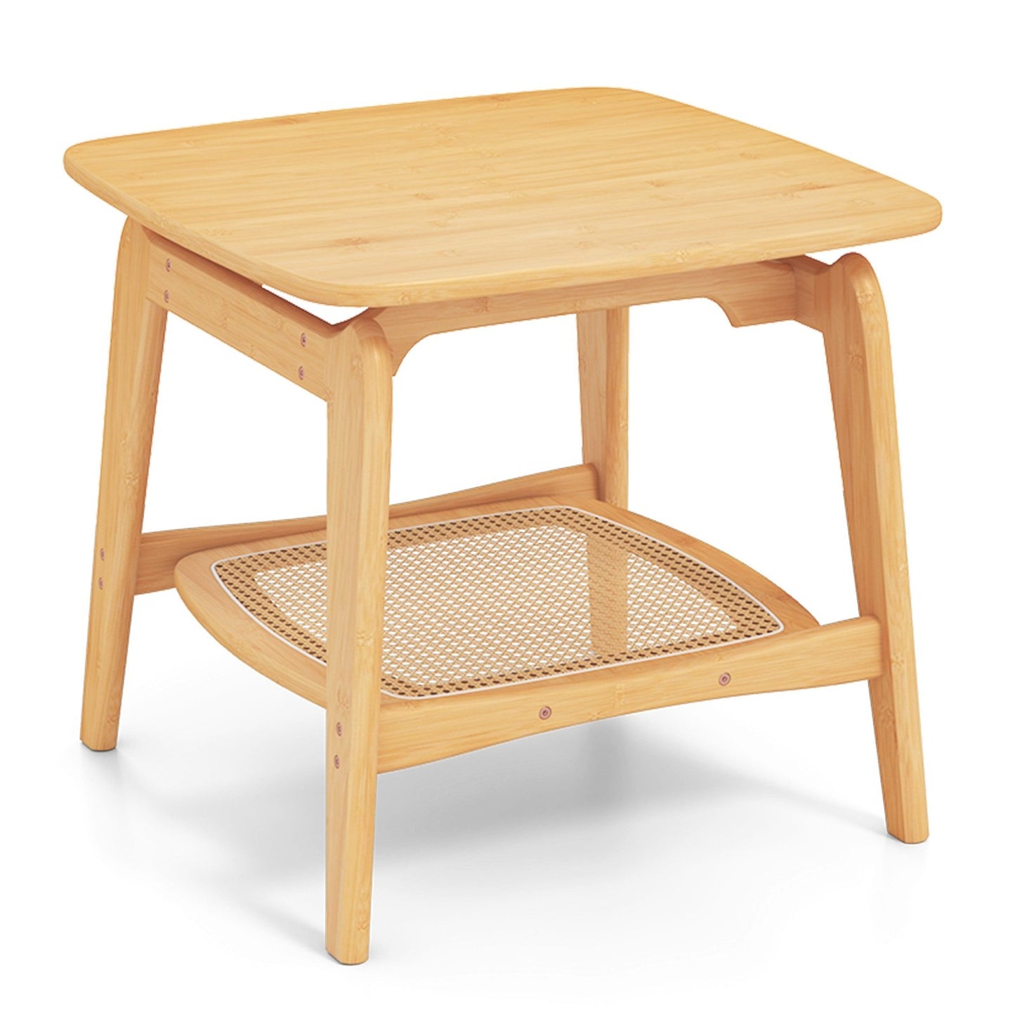 Boho Bamboo Sofa Side Table with Faux Rattan Storage Shelf-Natural