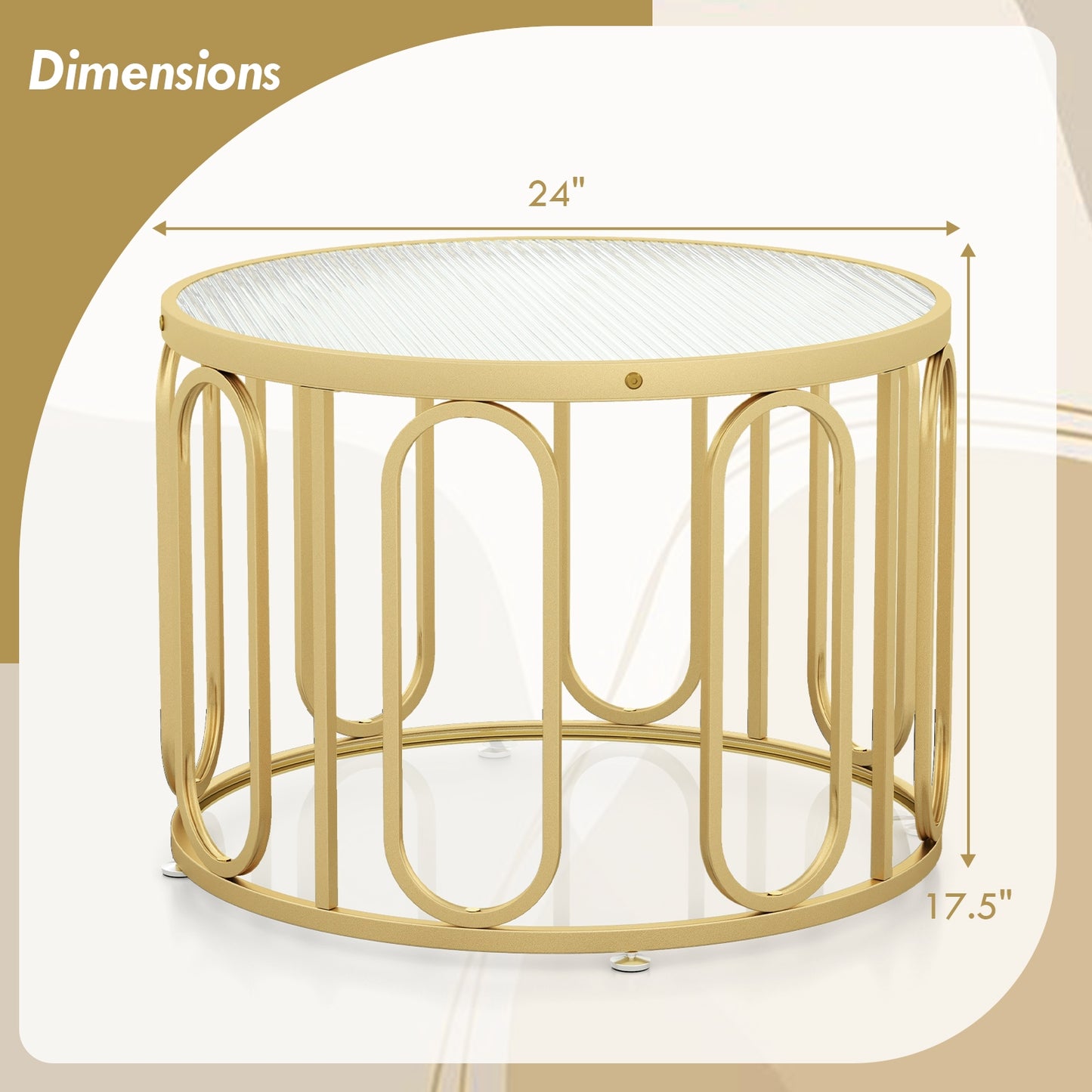 24 Inch Round Coffee Table with Reeded Tempered Glass Top and Oval Swivel Brackets-Golden