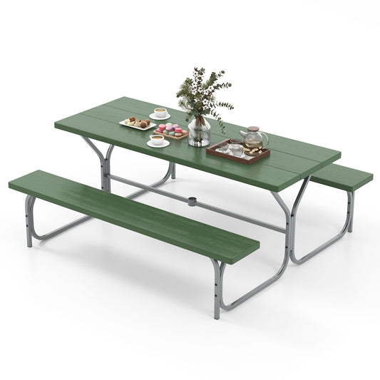 6 FT Picnic Table Bench Set Dining Table and 2 Benches with Metal Frame and HDPE Tabletop-Green