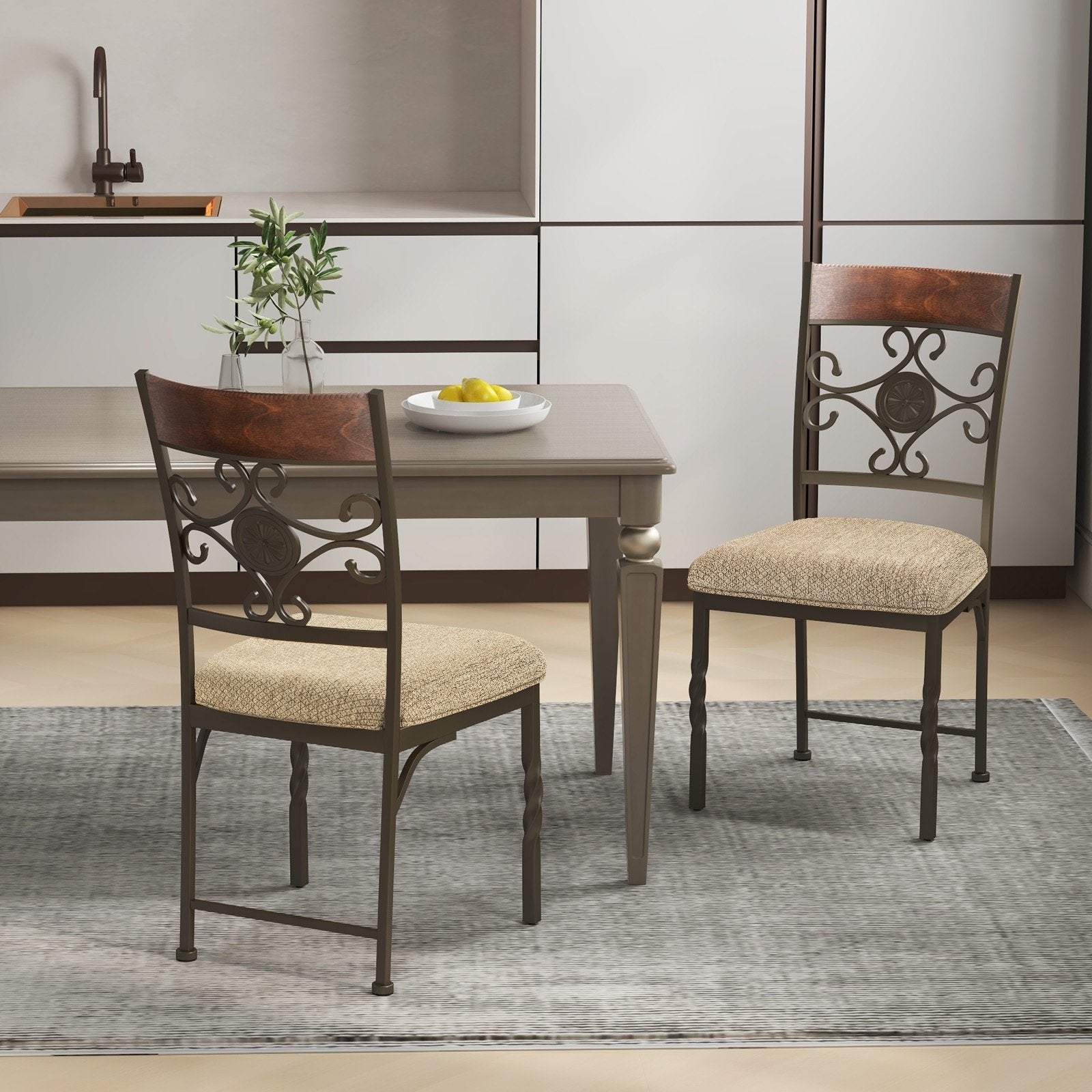 Set of 2 brown armless dining room chairs with cushioned seats, ideal for kitchen and dining areas.