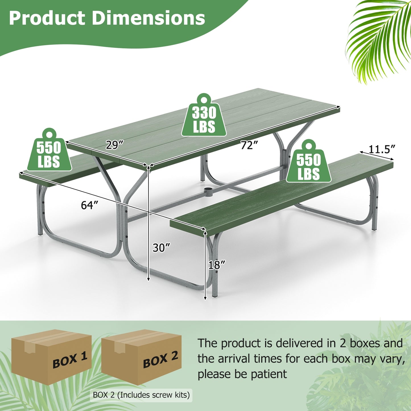 6 FT Picnic Table Bench Set Dining Table and 2 Benches with Metal Frame and HDPE Tabletop-Green