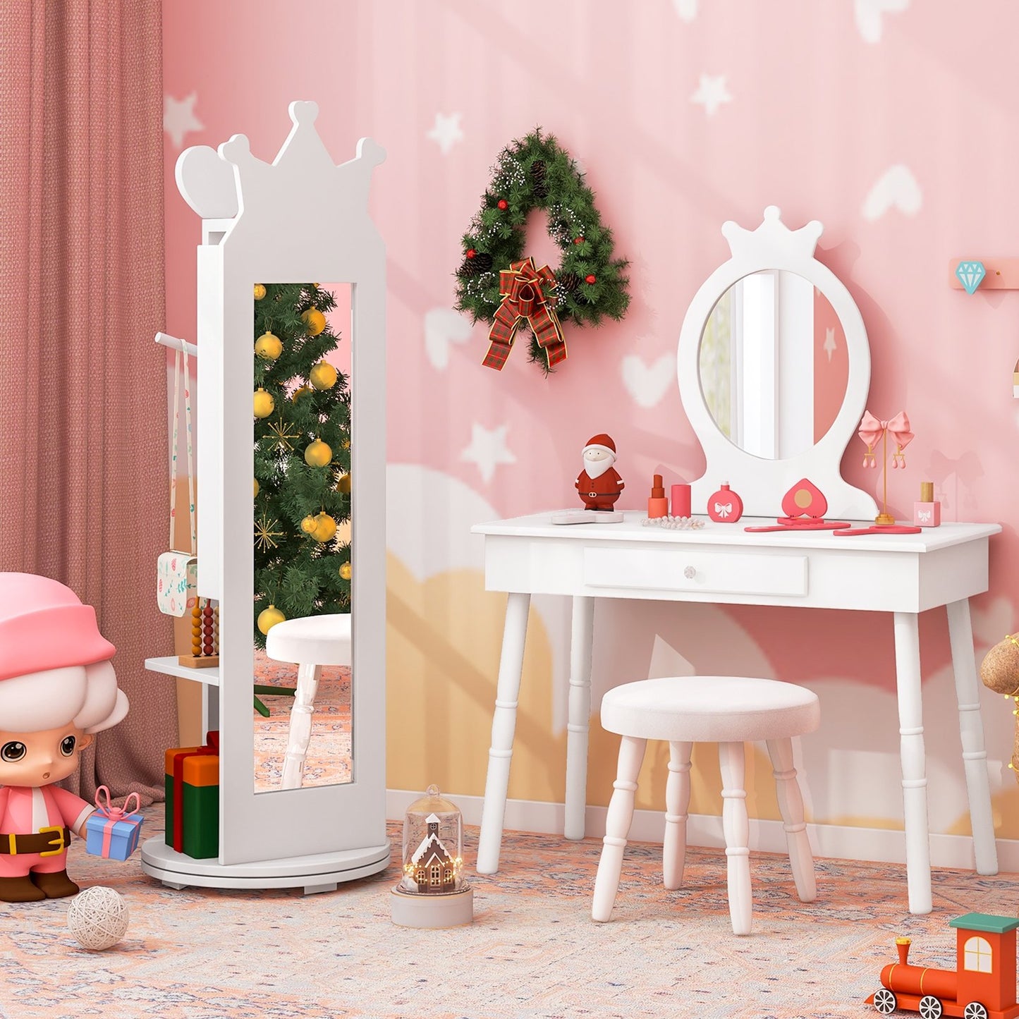 Kids Room Furniture Set Princess Vanity Table and Stool Set with Mirror and Drawer-Pink