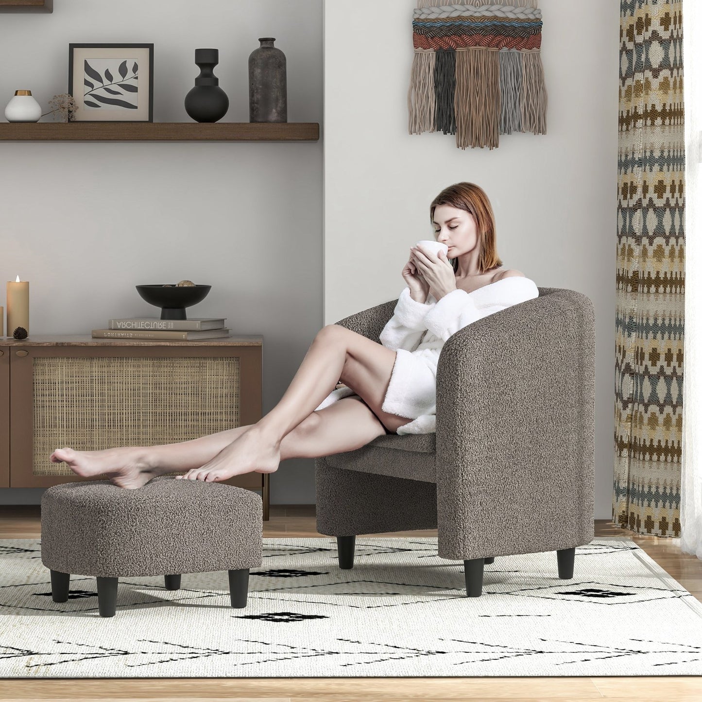 Modern Upholstered Barrel Teddy Velvet Chair with Ottoman-Beige