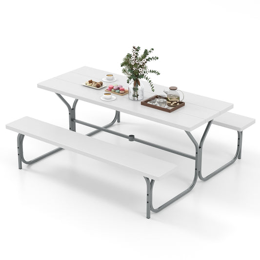 6 FT Picnic Table Bench Set Dining Table and 2 Benches with Metal Frame and HDPE Tabletop-White