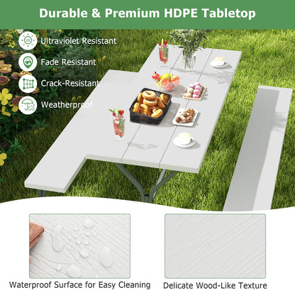 6 FT Picnic Table Bench Set Dining Table and 2 Benches with Metal Frame and HDPE Tabletop-White