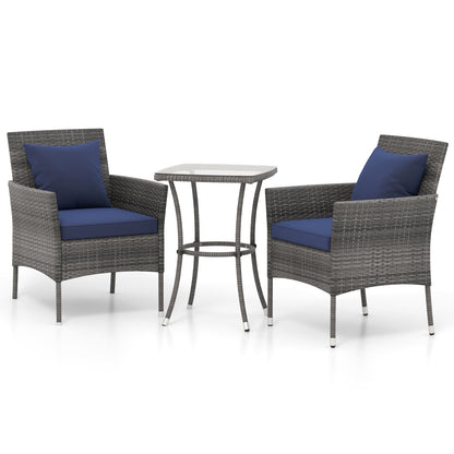 3 Pieces Patio Furniture Set with Cushioned Patio Chairs and Tempered Glass Coffee Table-Black