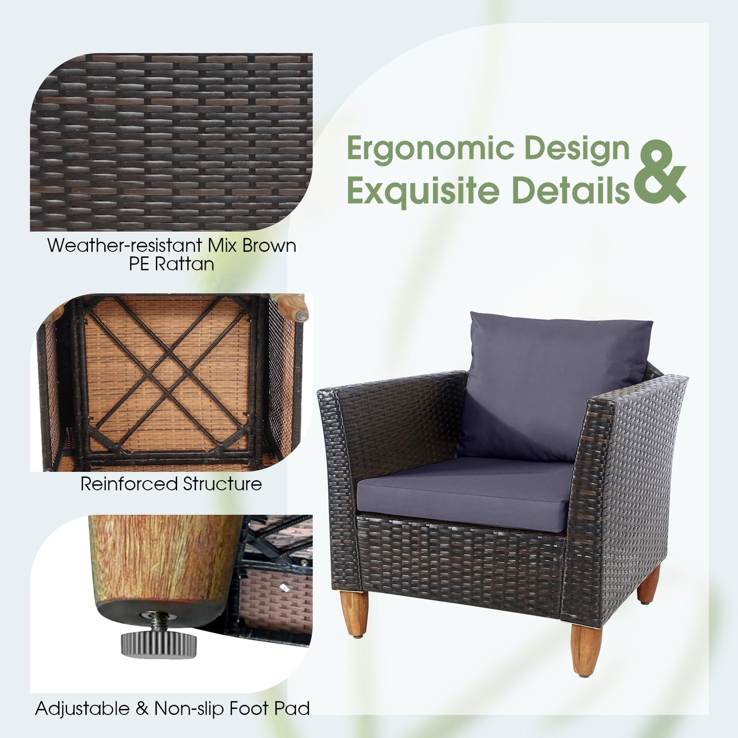 3 Pieces Patio Rattan Bistro Furniture Set with Wooden Table Top-Gray