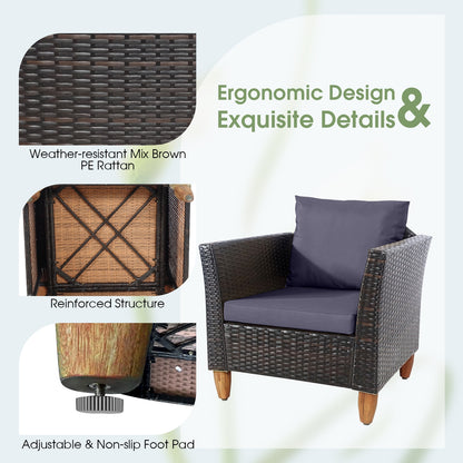 3 Pieces Patio Rattan Bistro Furniture Set with Wooden Table Top-Gray