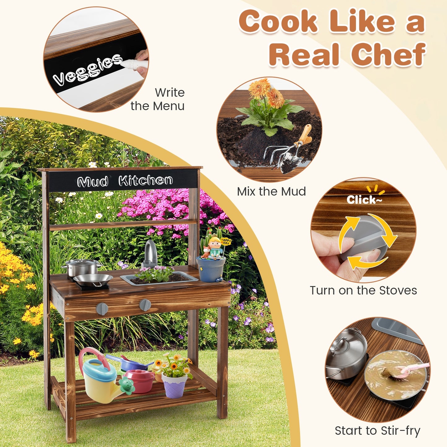 Outdoor Mud Kitchen for Kids with Rotatable Faucet and Removable Sink-Natural