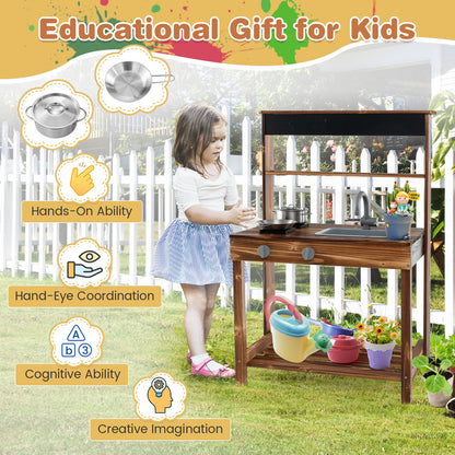 Outdoor Mud Kitchen for Kids with Rotatable Faucet and Removable Sink-Natural