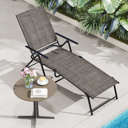 Patio Folding Chaise Lounge Chairs Recliner with 6-Level Backrest-Brown