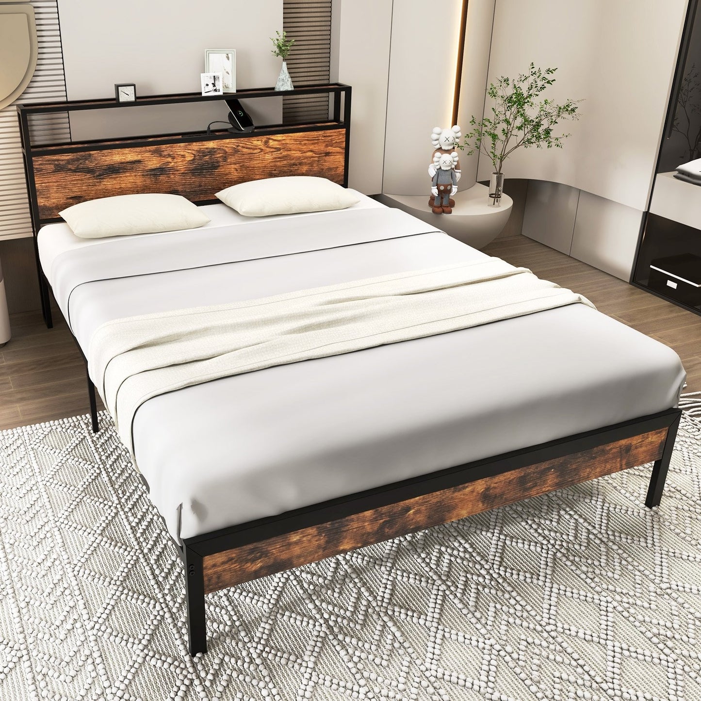 Twin/Full/Queen Bed Frame with Storage Headboard and Charging Station-Full Size