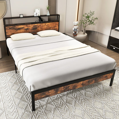 Twin/Full/Queen Bed Frame with Storage Headboard and Charging Station-Full Size