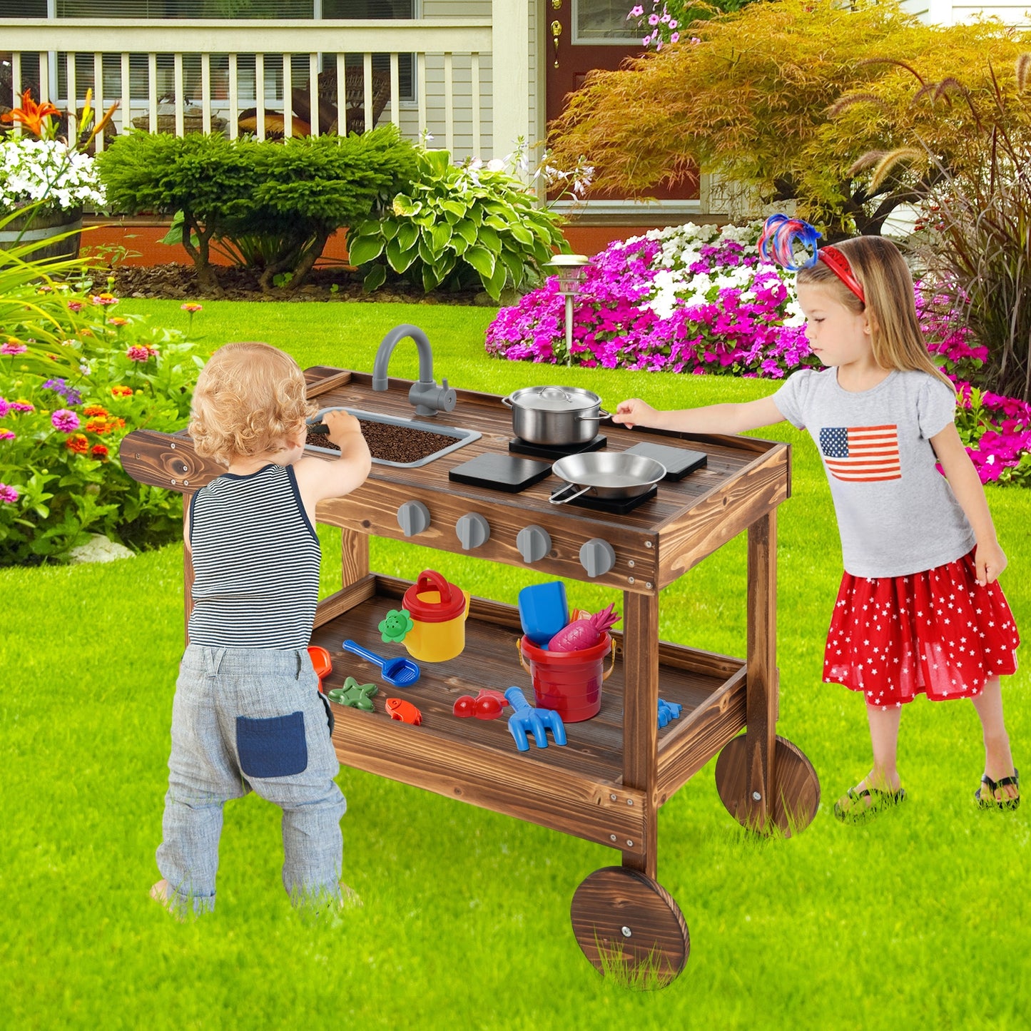 Outdoor Movable Mud Kitchen with 2 Rolling Wheels and 1 Push Handle-Natural