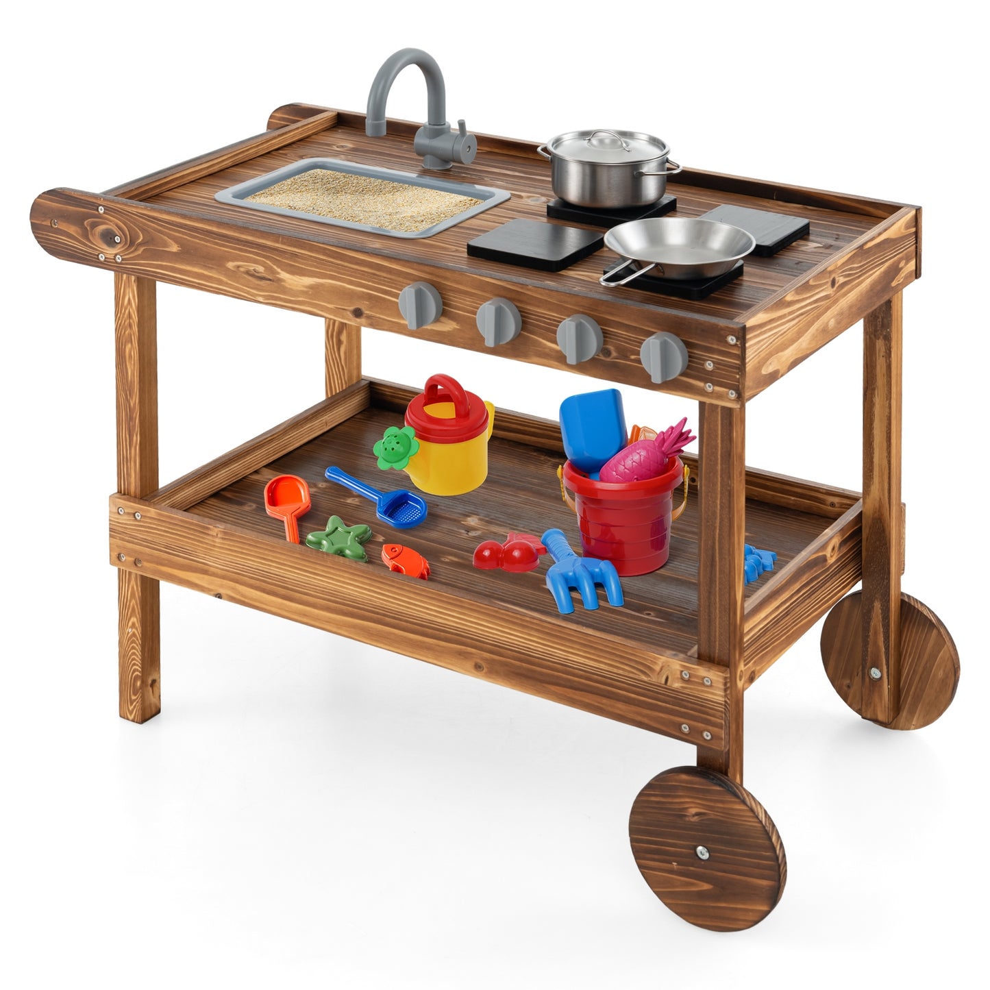 Outdoor Movable Mud Kitchen with 2 Rolling Wheels and 1 Push Handle-Natural