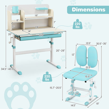 Height Adjustable Children School Home Study Table and Chair Set with Tilted Desktop for 3-12 Years Old-Blue