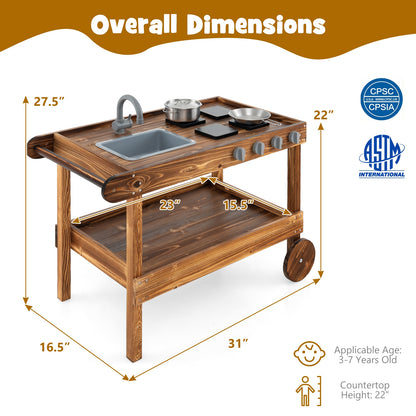 Outdoor Movable Mud Kitchen with 2 Rolling Wheels and 1 Push Handle-Natural