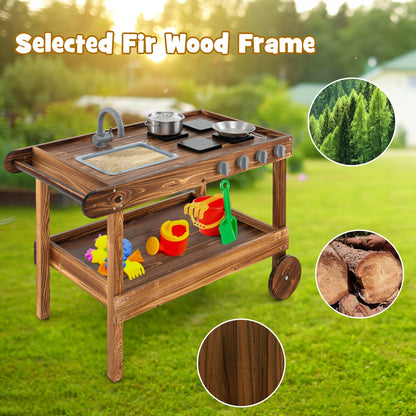 Outdoor Movable Mud Kitchen with 2 Rolling Wheels and 1 Push Handle-Natural