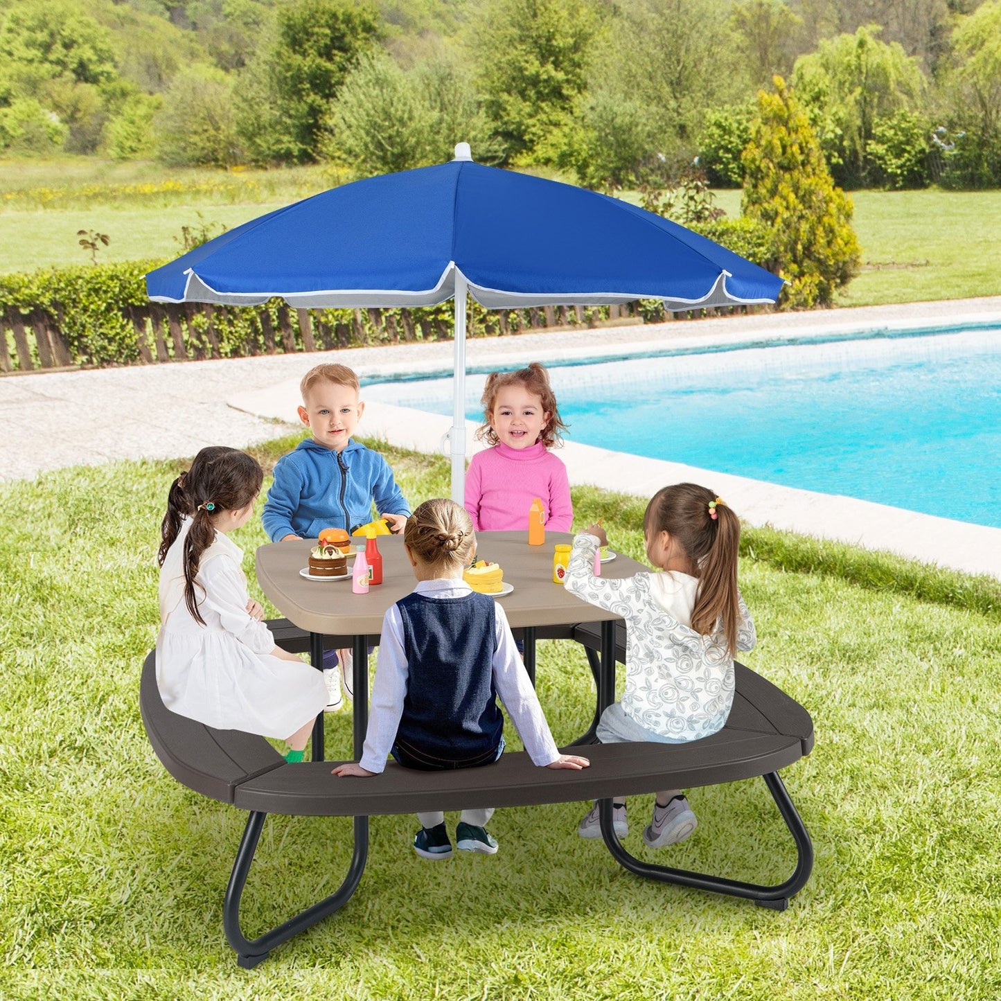 Toddler Outdoor Activity Table with Adjustable and Collapsible Umbrella-Blue