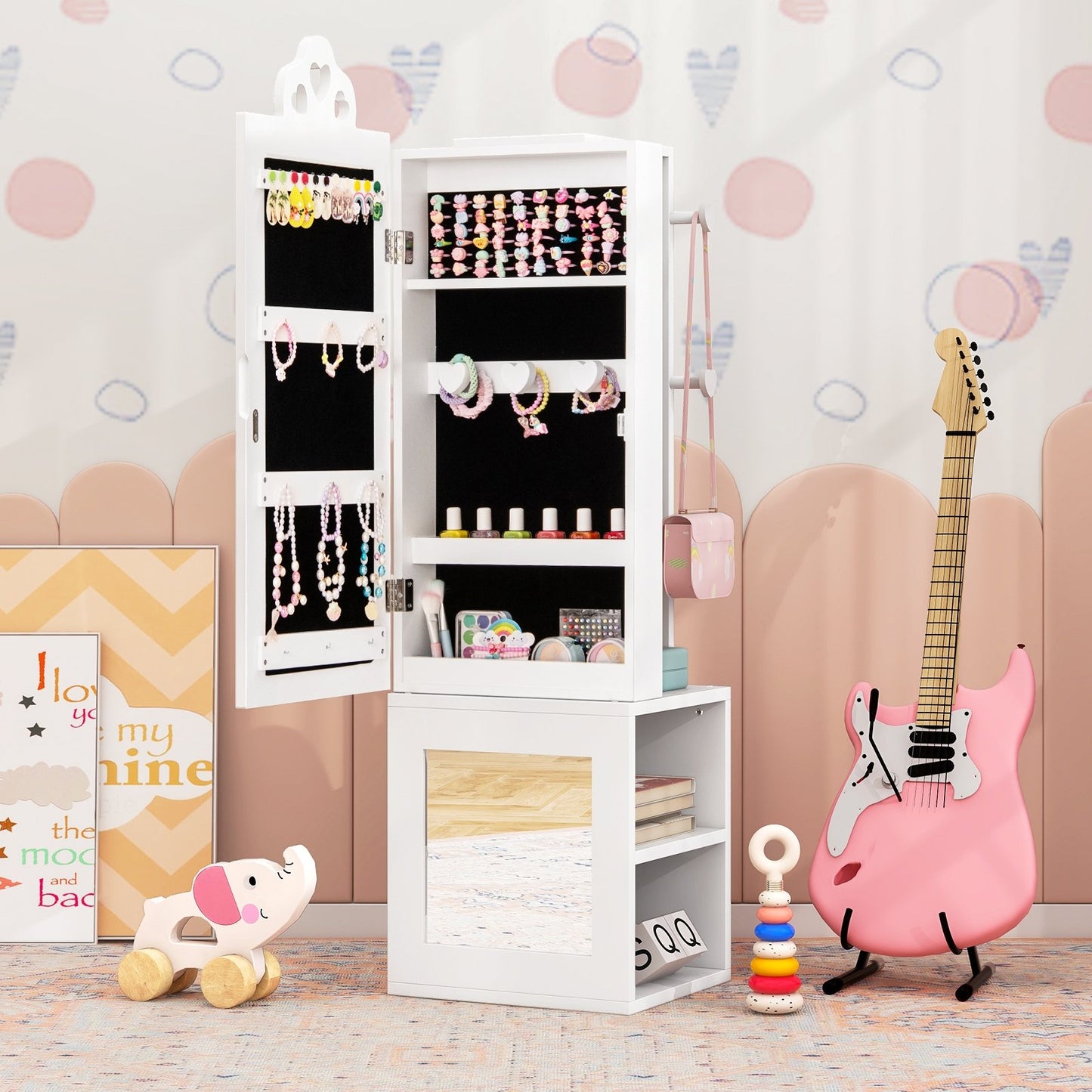 Princess Vanity Table and Stool Set Freestanding Jewelry Cabinet Armoire with Full-Length Mirror-Pink