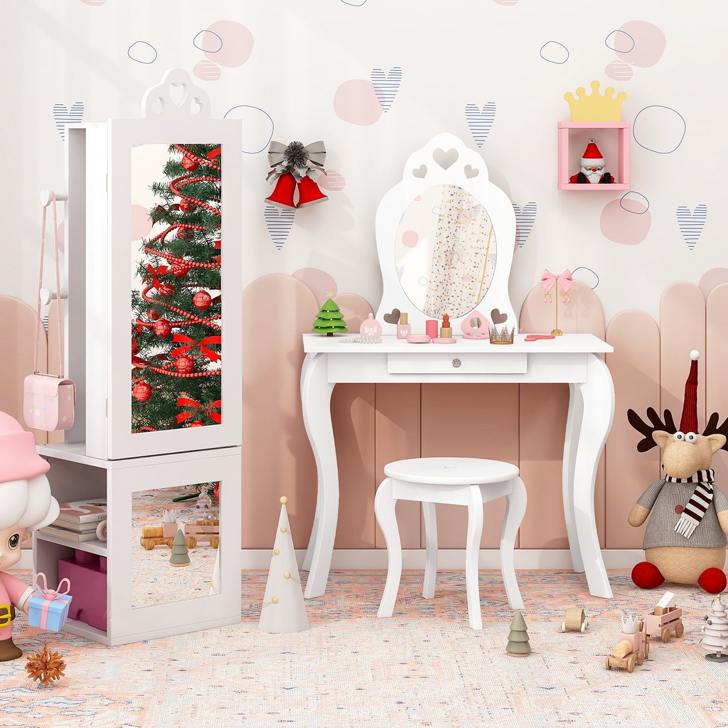 Princess Vanity Table and Stool Set Freestanding Jewelry Cabinet Armoire with Full-Length Mirror-Pink