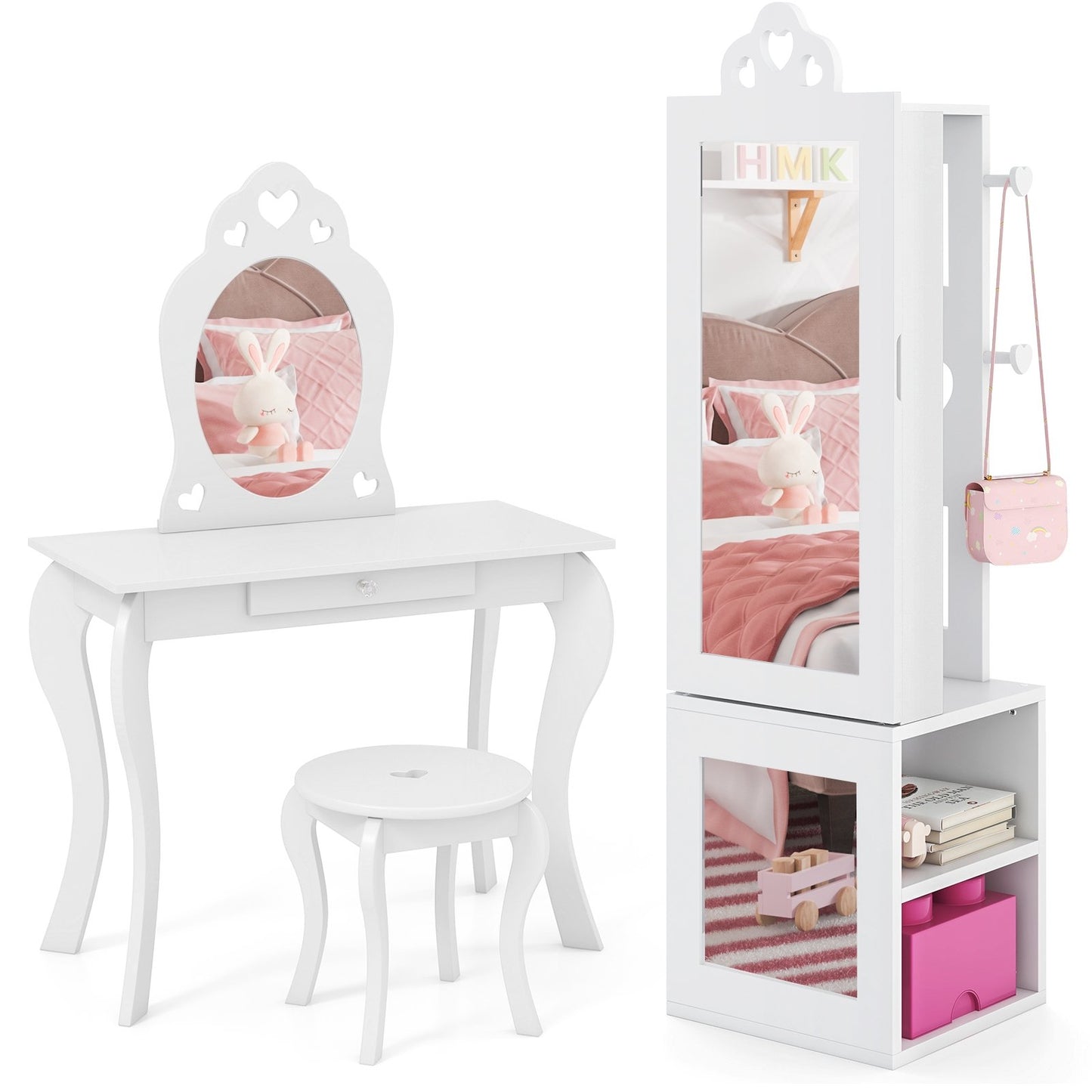 Princess Vanity Table and Stool Set Freestanding Jewelry Cabinet Armoire with Full-Length Mirror-Pink