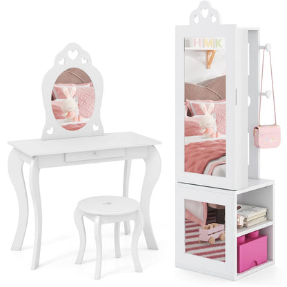 Princess Vanity Table and Stool Set Freestanding Jewelry Cabinet Armoire with Full-Length Mirror-Pink