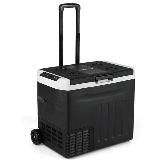 12V car refrigerator with touch panel and removable divider, 42QT capacity, ideal for outdoor camping and travel.