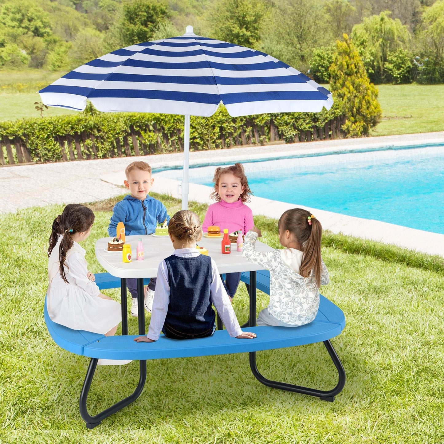 Toddler Outdoor Activity Table with Adjustable and Collapsible Umbrella-Blue