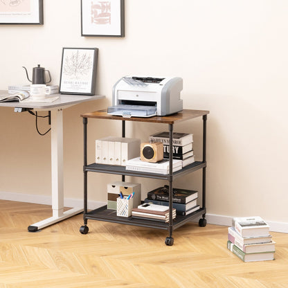 3 Tier Printer Stand Rolling Fax Cart with Adjustable Shelf and Swivel Wheels-Black
