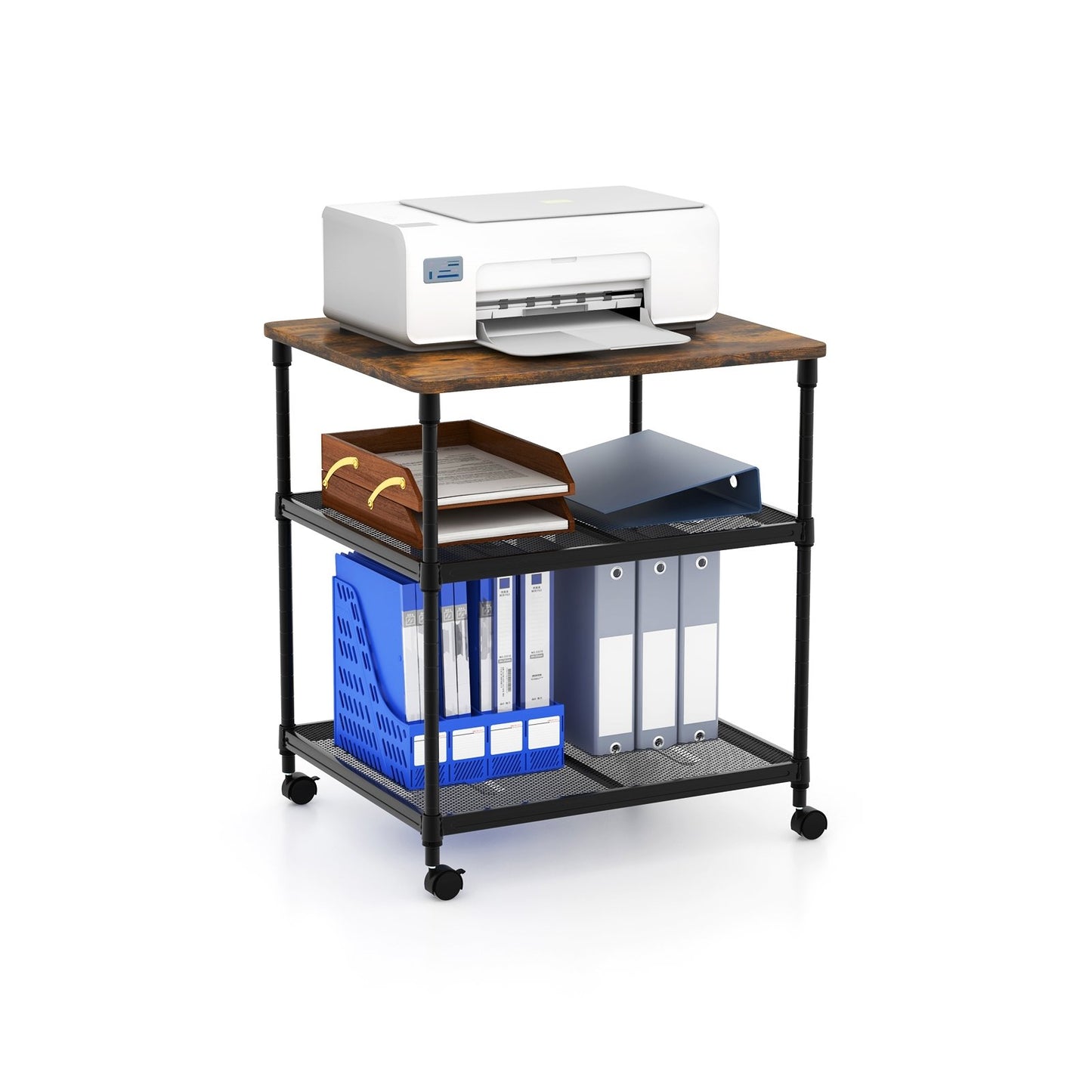 3 Tier Printer Stand Rolling Fax Cart with Adjustable Shelf and Swivel Wheels-Black