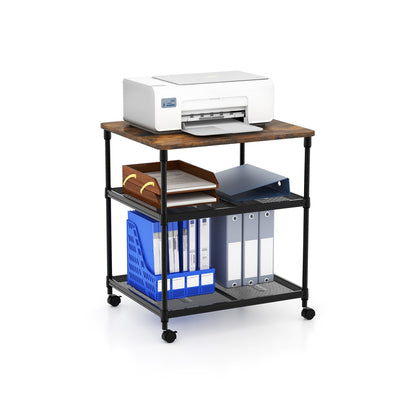 3 Tier Printer Stand Rolling Fax Cart with Adjustable Shelf and Swivel Wheels-Black