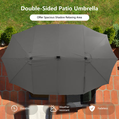15 Feet Double-Sided Patio Umbrella with 48 LED Lights-Gray