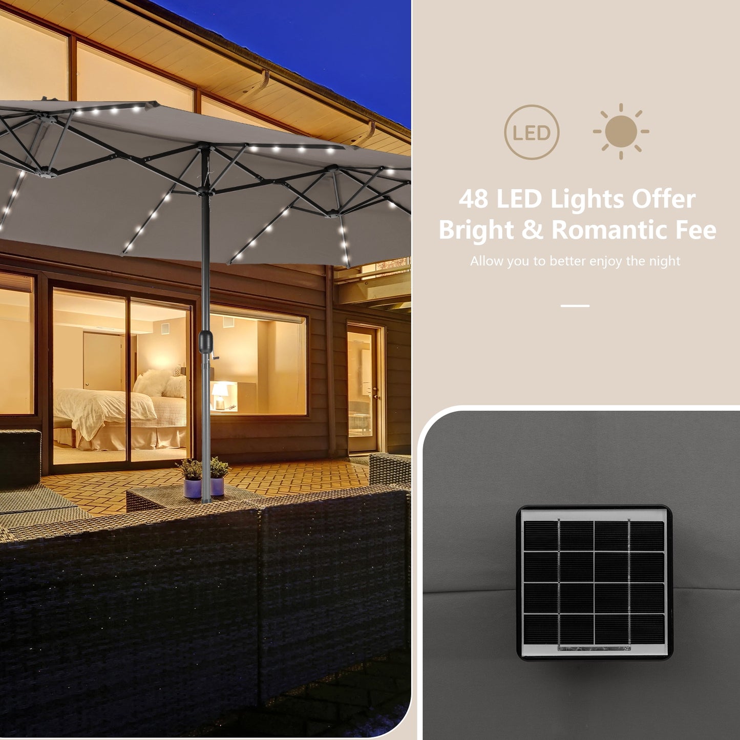 15 Feet Double-Sided Patio Umbrella with 48 LED Lights-Gray