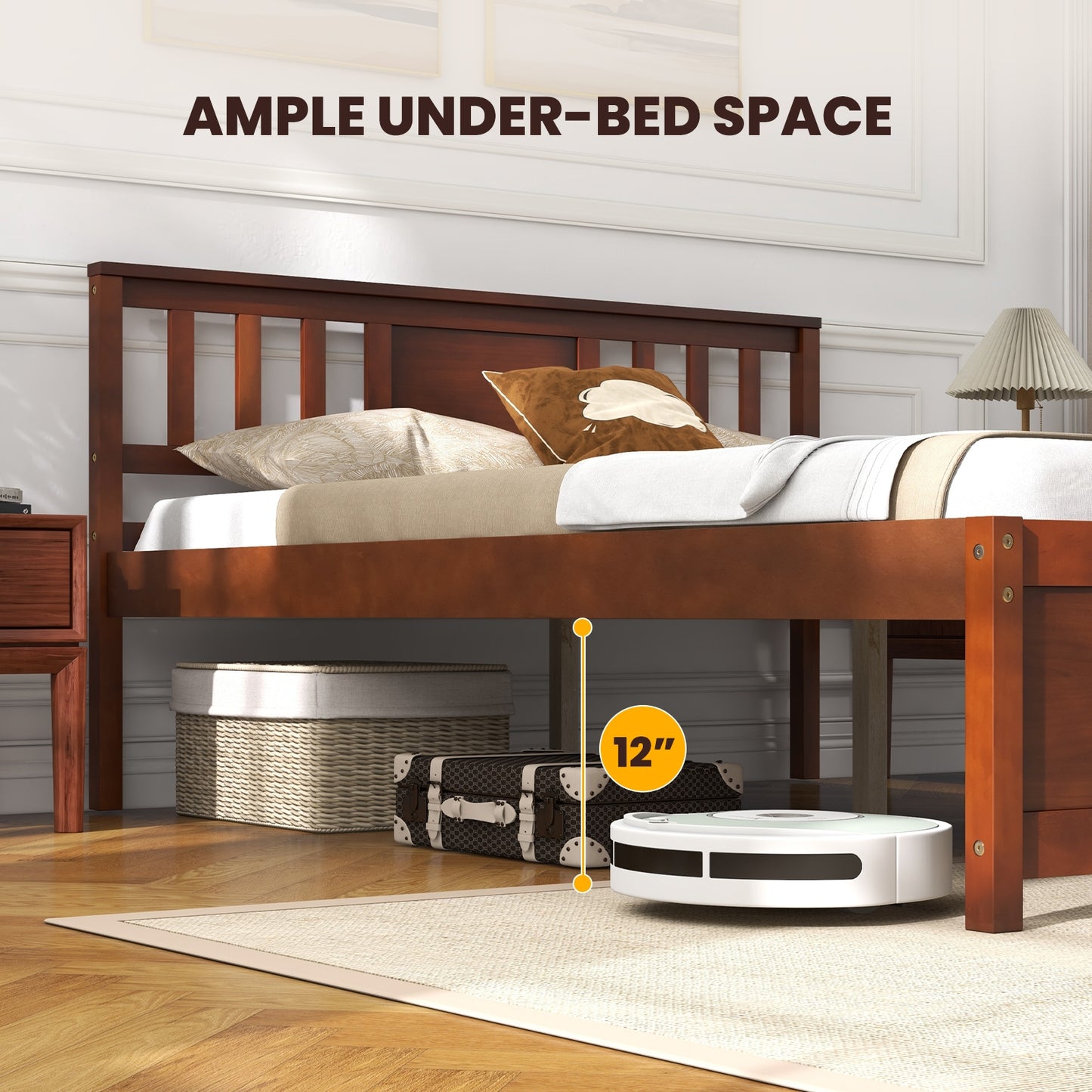 Wooden Platform Bed with Headboard and Wood Slat Support-Full Size