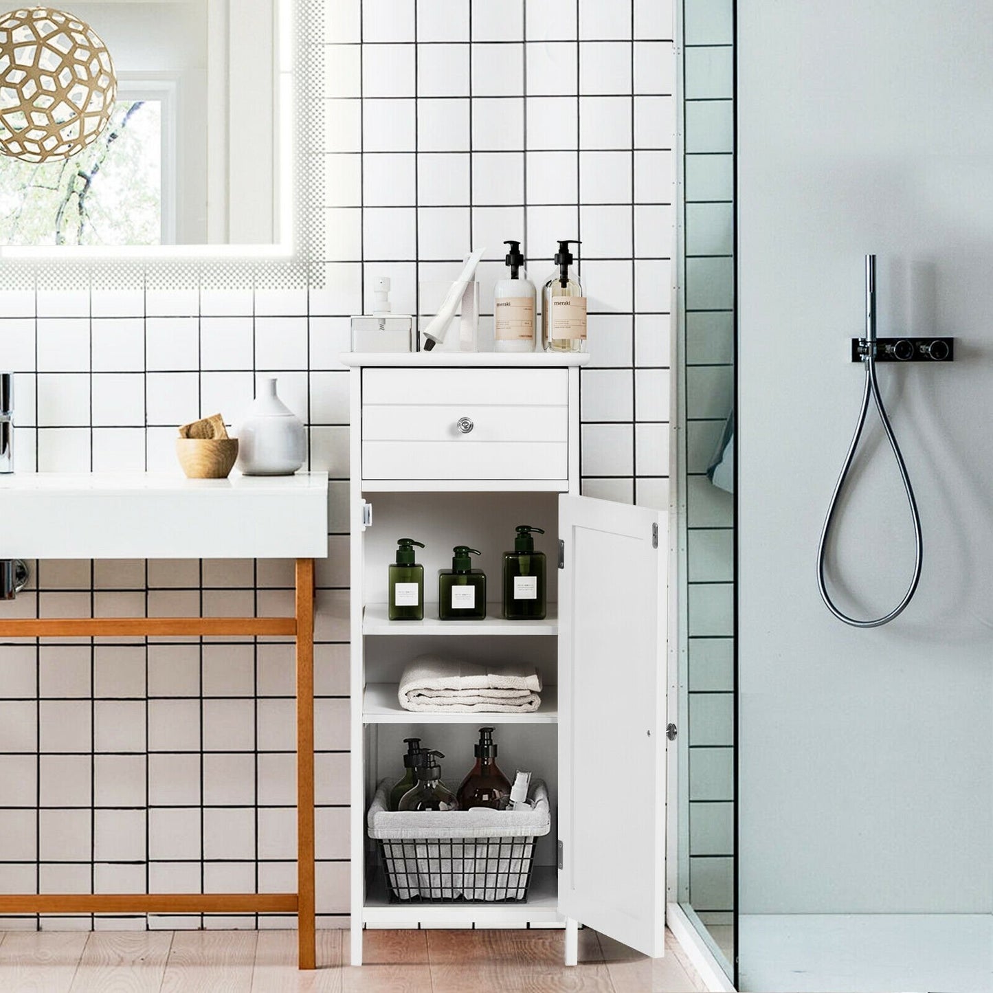 Wooden Bathroom Floor Storage Cabinet with Drawer and Shelf-Black