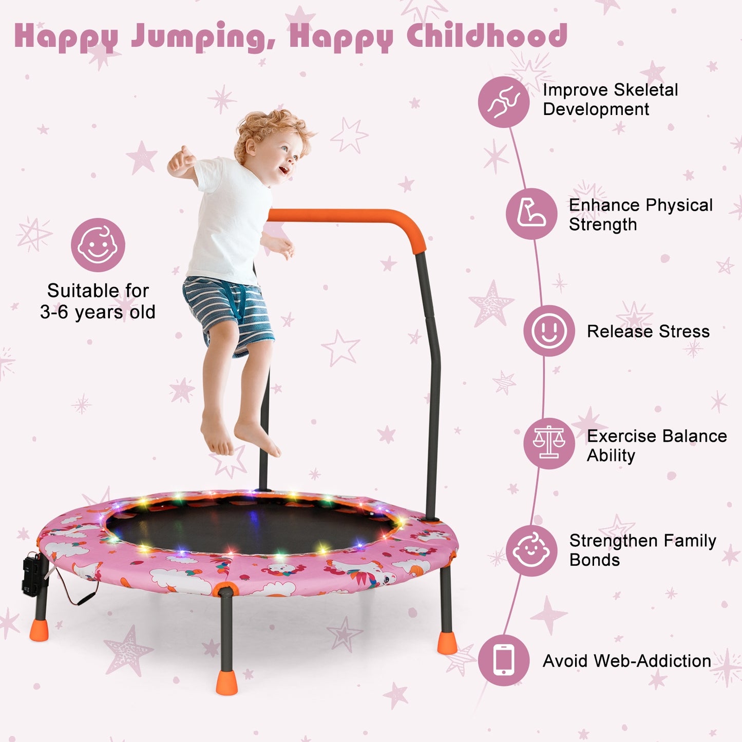 36 Inch Mini Trampoline with Colorful LED Lights and Bluetooth Speaker-Pink
