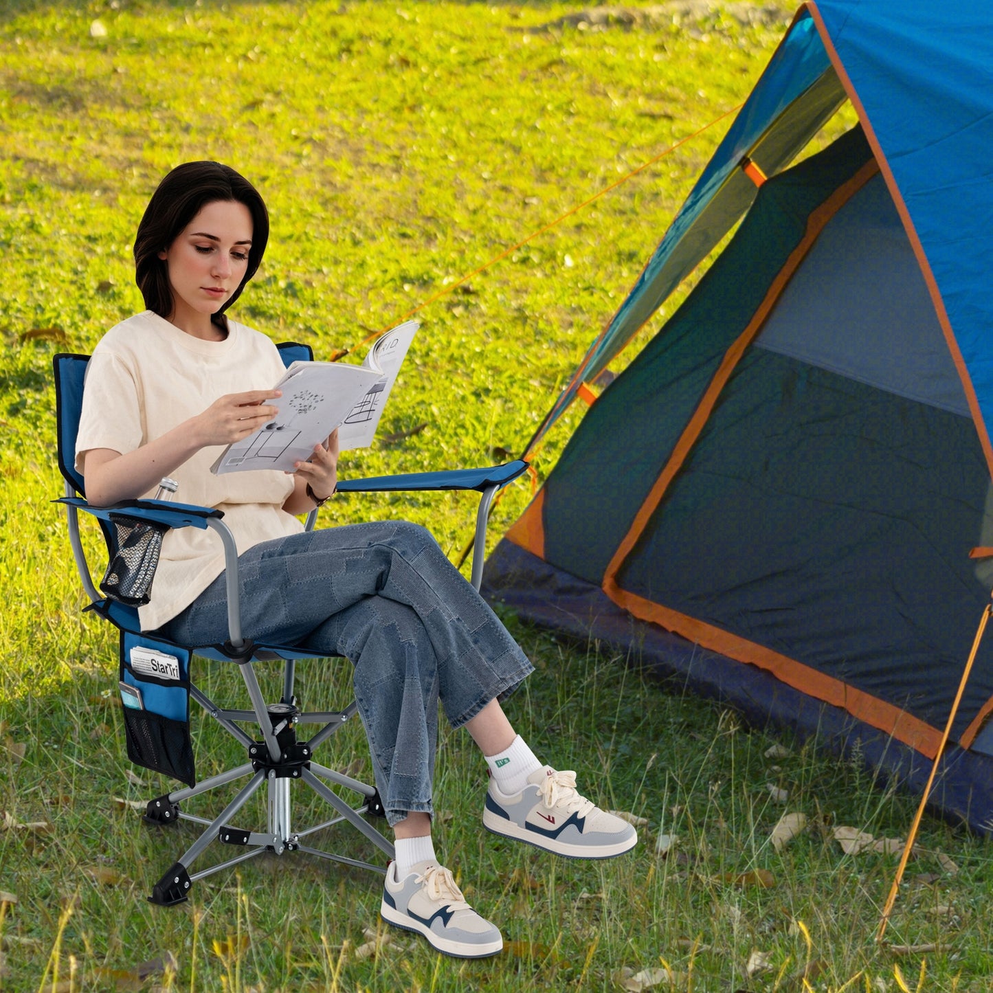 360° Swivel Hunting Chair Portable Foldable Hunting Chair with Mesh Cup Holder and Storage Pockets-Blue