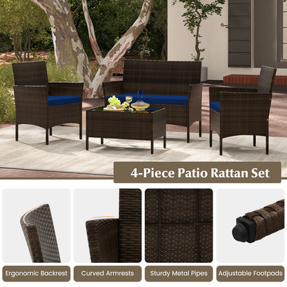4 Piece Patio Rattan Conversation Set with Cozy Seat Cushions-Navy